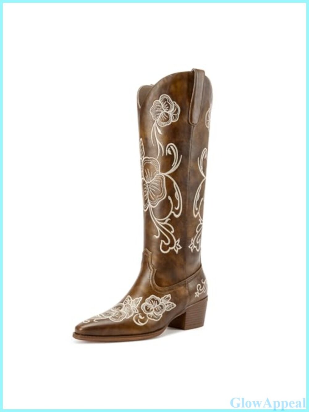 Women's Knee High Western Boots Floral Embroidery Low Block Heel Square Toe